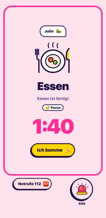Der Ruf Essen auf dem Handy des Kindes: der Countdown 1:26, der Knopf Ich komme und unten die Knöpfe SOS und Notrufe.