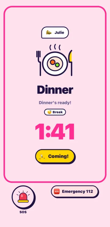 The Dinner call on the child's phone: the 1:26 countdown, the Coming! button, and at the bottom the SOS and Emergency buttons.
