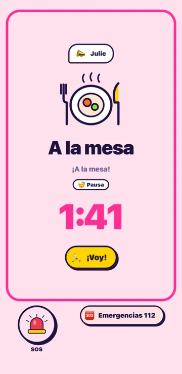 La llamada A la mesa en el móvil del niño: la cuenta atrás 1:26, el botón ¡Voy! y, abajo, los botones SOS y Emergencias.