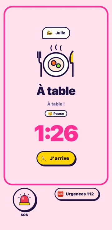 L'appel À table sur le téléphone de l'enfant : le compte à rebours 1:26, le bouton J'arrive, et en bas les boutons SOS et Urgences.