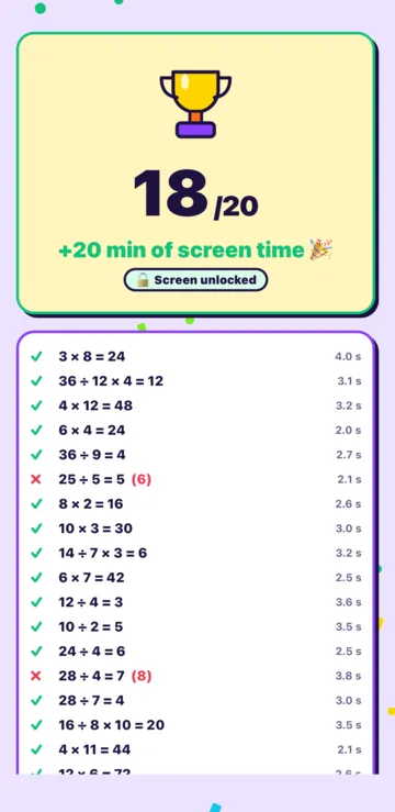 The weekly math test, finished: 18 out of 20, and +20 minutes of screen time won.