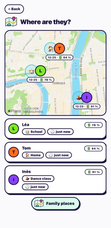 The Where are they? screen: the map with each child's location, the time and their battery.