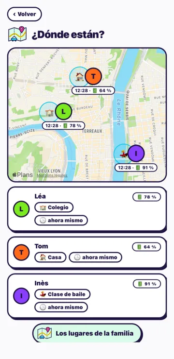 La pantalla ¿Dónde están?: el mapa con la ubicación de cada hijo, la hora y su batería.