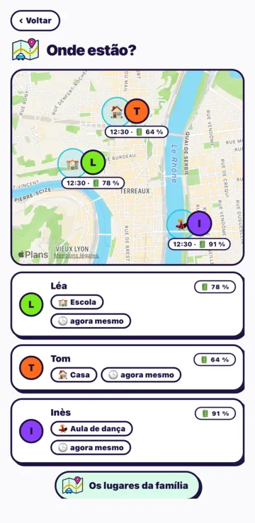 A tela Onde estão?: o mapa com a localização de cada criança, a hora e a bateria.