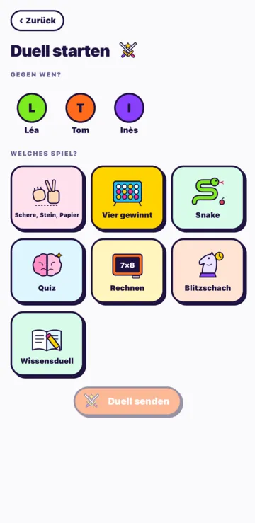 Der Bildschirm Duell starten: gegen wen, dann das Spiel (Schere, Stein, Papier, Vier gewinnt, Snake, Quiz, Rechnen, Blitzschach, Wissensduell).