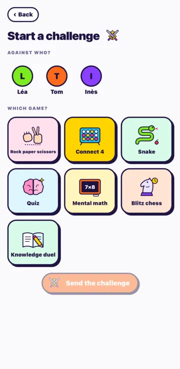 The Start a challenge screen: against who, then the game (Rock-paper-scissors, Connect 4, Snake, Quiz, Math, Blitz chess, Knowledge duel).
