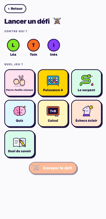 L'écran Lancer un défi : contre qui, puis le jeu (Pierre-feuille-ciseaux, Puissance 4, Le serpent, Quiz, Calcul, Échecs éclair, Duel de savoir).