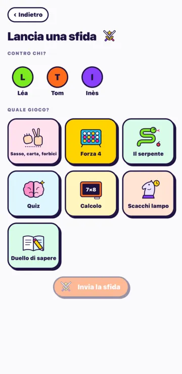 La schermata Lancia una sfida: contro chi, poi il gioco (Sasso, carta, forbici, Forza 4, Il serpente, Quiz, Calcolo, Scacchi lampo, Duello di sapere).