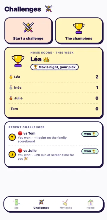 The child's Challenges screen: Start a challenge, The champions and the family score.
