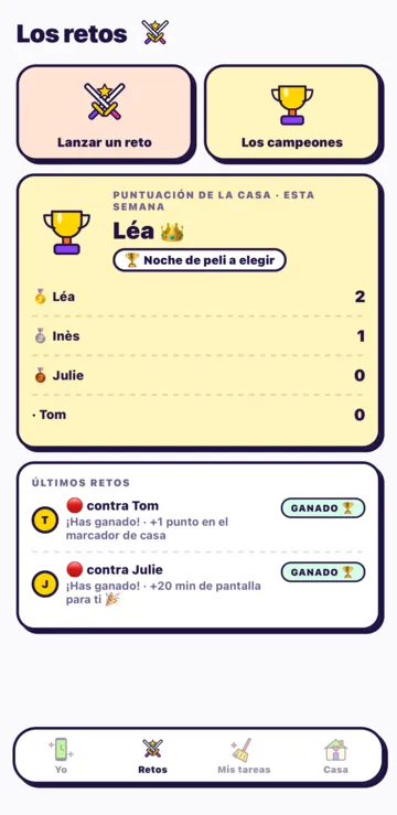 La pantalla Retos del niño: Lanzar un reto, Los campeones y el marcador de la casa.
