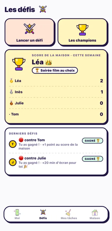 L'écran Les défis de l'enfant : Lancer un défi, Les champions et le score de la maison.