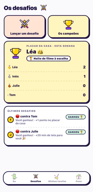 A tela Desafios da criança: Lançar um desafio, Os campeões e o placar da casa.