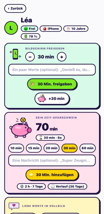 Das Profil eines Kindes: Bildschirm freigeben mit 30 Minuten, der Knopf 30 Min. freigeben und sein Zeit-Sparschwein.