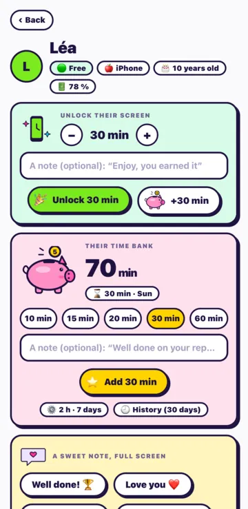 A child's page: Unlock their screen with 30 minutes, the Unlock 30 min button, and their time bank.