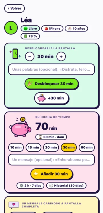 La ficha de un hijo: Desbloquearle la pantalla con 30 minutos, el botón Desbloquear 30 min y su hucha de tiempo.