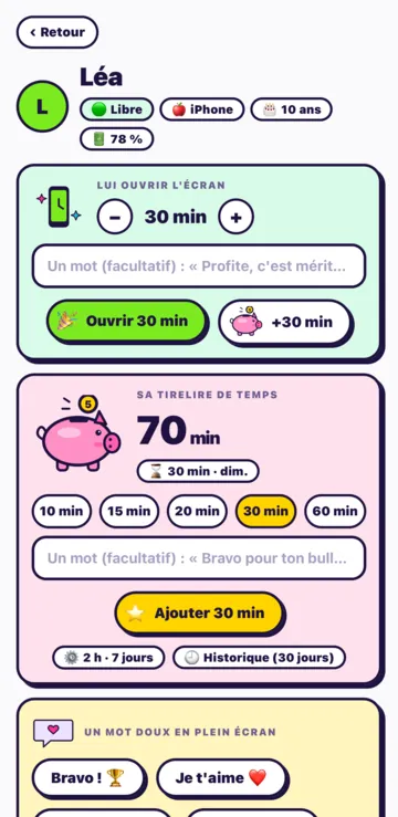 La fiche d'un enfant : Lui ouvrir l'écran avec 30 minutes, le bouton Ouvrir 30 min, et sa tirelire de temps.