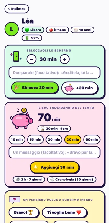 La scheda di un figlio: Sbloccagli lo schermo con 30 minuti, il pulsante Sblocca 30 min e il suo salvadanaio del tempo.