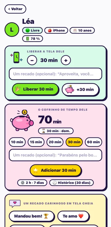 A ficha de uma criança: Liberar a tela dele com 30 minutos, o botão Liberar 30 min e o cofrinho de tempo.