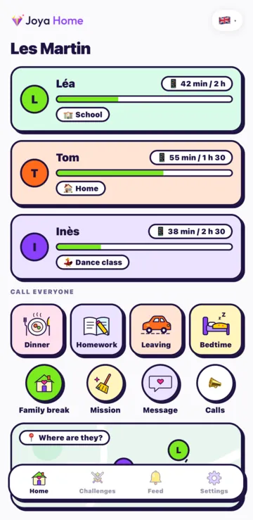 The Home screen on Android: each child's screen time today, for example 42 min out of 2 h.