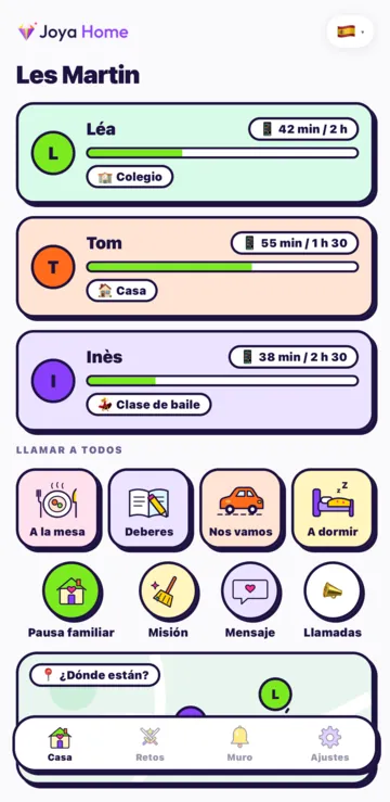 La pantalla Casa en Android: el tiempo de pantalla del día de cada hijo, por ejemplo 42 min de 2 h.