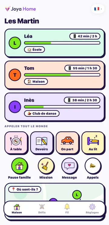L'écran Maison sur Android : le temps d'écran du jour de chaque enfant, par exemple 42 min sur 2 h.
