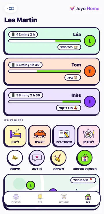 מסך הבית ב־Android: זמן המסך של היום של כל ילד, למשל 42 דקות מתוך שעתיים.