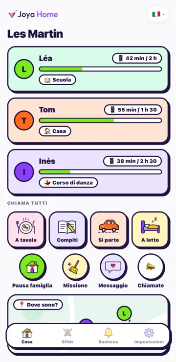 La schermata Casa su Android: il tempo di schermo di oggi di ogni figlio, per esempio 42 min su 2 h.