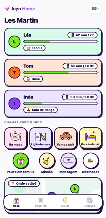 A tela Casa no Android: o tempo de tela do dia de cada criança, por exemplo 42 min de 2 h.