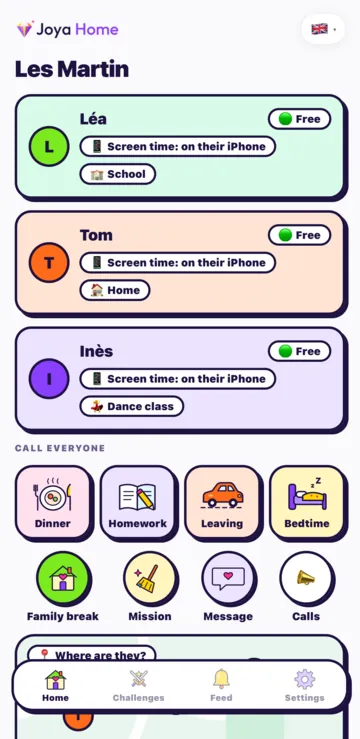 The Joya Home Home screen: each child, then the Dinner, Homework, Leaving, Bedtime, Family break, Mission and Message buttons.