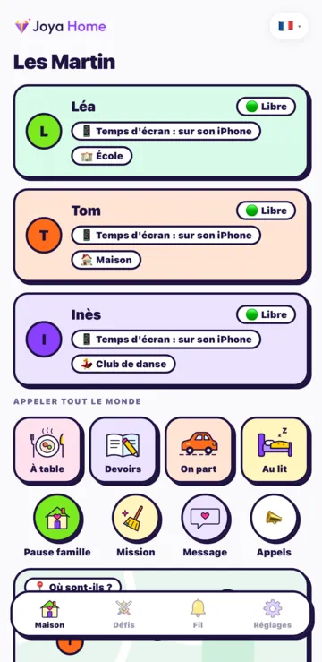 L'écran Maison de Joya Home : chaque enfant, puis les boutons À table, Devoirs, On part, Au lit, Pause famille, Mission et Message.