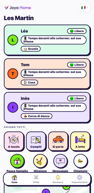 La schermata Casa di Joya Home: ogni figlio, poi i pulsanti A tavola, Compiti, Si parte, A letto, Pausa famiglia, Missione e Messaggio.