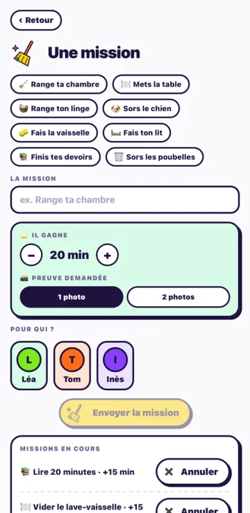 L'écran Une mission : des idées comme Range ta chambre, les minutes gagnées, la preuve en photo et le bouton Envoyer la mission.