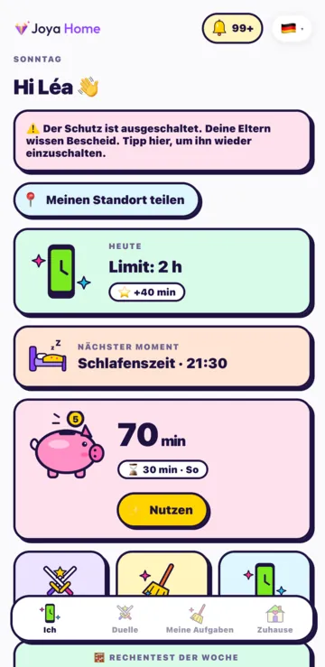 Der Bildschirm Ich des Kindes: das Tageslimit, der nächste Moment und sein Sparschwein mit 70 Minuten und dem Knopf Nutzen.