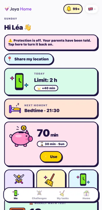 The child's Me screen: today's limit, the next moment, and their 70-minute time bank with the Use button.