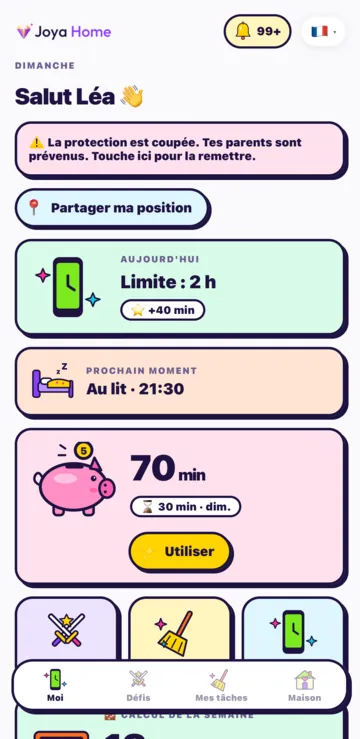 L'écran Moi de l'enfant : la limite du jour, le prochain moment, et sa tirelire de 70 minutes avec le bouton Utiliser.