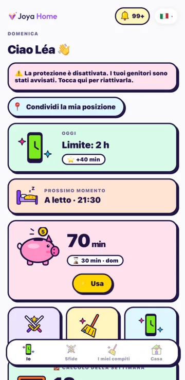 La schermata Io del bambino: il limite di oggi, il prossimo momento e il suo salvadanaio di 70 minuti con il pulsante Usa.