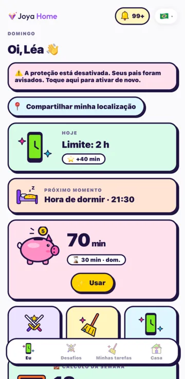 A tela Eu da criança: o limite do dia, o próximo momento e o cofrinho de 70 minutos com o botão Usar.