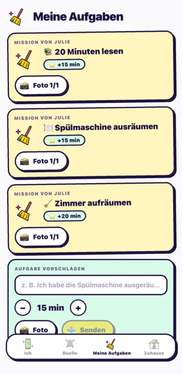 Der Bildschirm Eine Mission: Ideen wie Räum dein Zimmer auf, die verdienten Minuten, der Fotobeweis und der Knopf Mission senden.