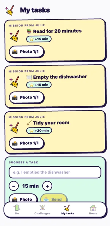 The Mission screen: ideas like Tidy your room, the minutes to win, the photo proof and the Send the mission button.