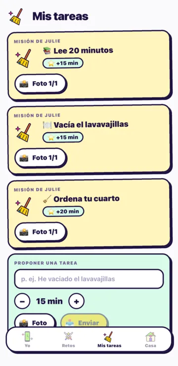 La pantalla Una misión: ideas como Ordena tu cuarto, los minutos ganados, la prueba con foto y el botón Enviar la misión.