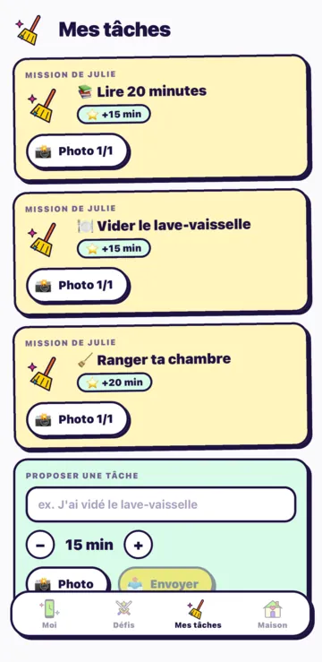 L'écran Mes tâches de l'enfant : ses missions, chacune avec son bouton Photo.