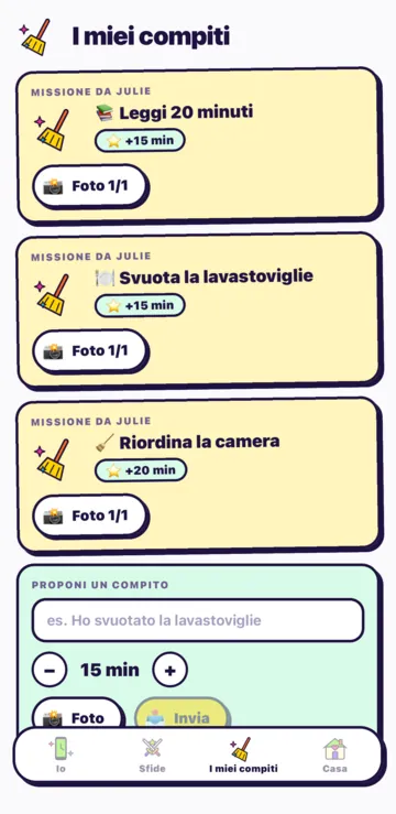 La schermata Una missione: idee come Metti in ordine la tua camera, i minuti guadagnati, la prova in foto e il pulsante Invia la missione.