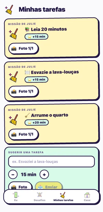 A tela Uma missão: ideias como Arrume o quarto, os minutos ganhos, a prova com foto e o botão Enviar a missão.