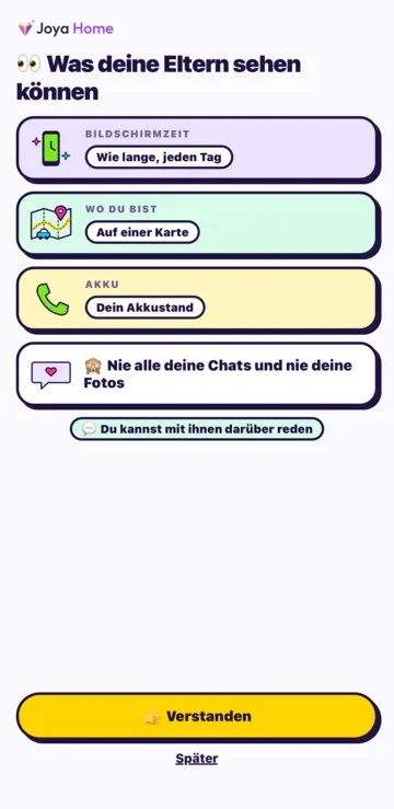Der Bildschirm Was deine Eltern sehen können: Bildschirmzeit, wo du bist, Akku und „Nie alle deine Chats und nie deine Fotos“.