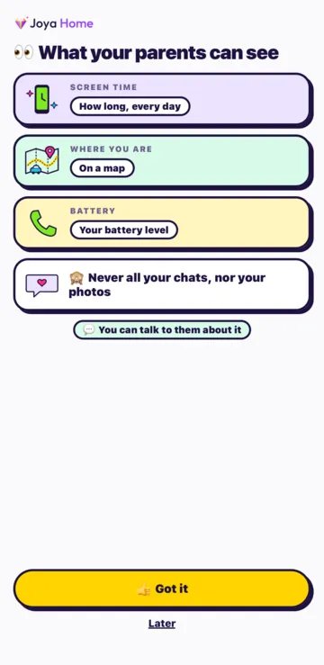 The What your parents can see screen: screen time, where you are, battery, and “Never all your conversations, or your photos”.