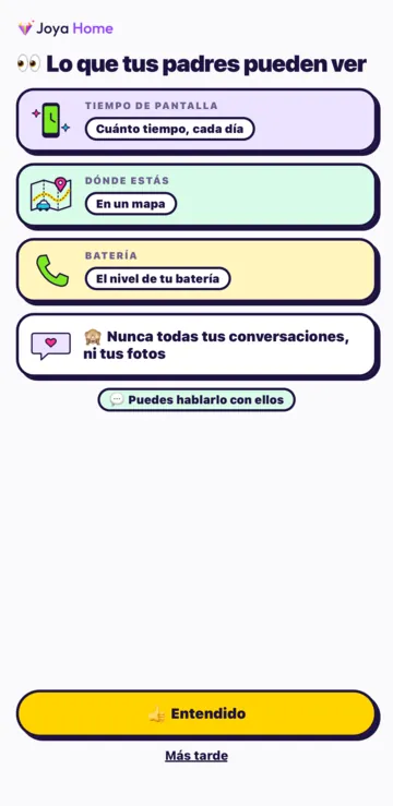 La pantalla Lo que tus padres pueden ver: tiempo de pantalla, dónde estás, batería y «Nunca todas tus conversaciones, ni tus fotos».
