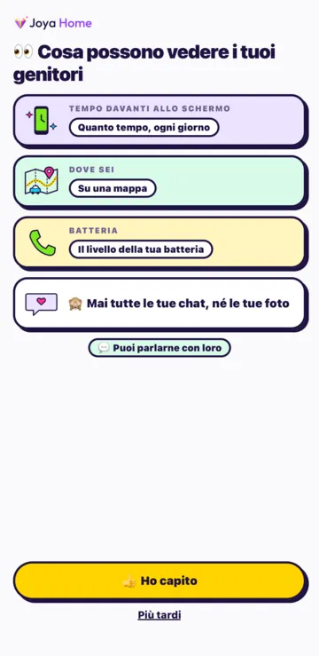 La schermata Cosa possono vedere i tuoi genitori: tempo di schermo, dove sei, batteria, e «Mai tutte le tue conversazioni, né le tue foto».