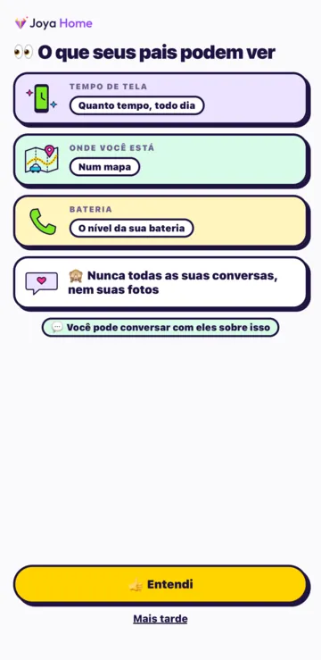 A tela O que seus pais podem ver: tempo de tela, onde você está, bateria e « Nunca todas as suas conversas, nem as suas fotos ».